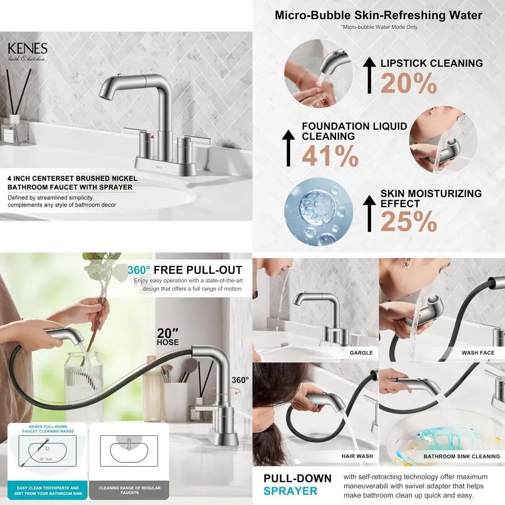 

4-дюймовый смеситель с 2 ручками и центральной установкой с выдвижным распылителем, отделка из матового никеля, включает в себя выдвижной слив и линия питания.