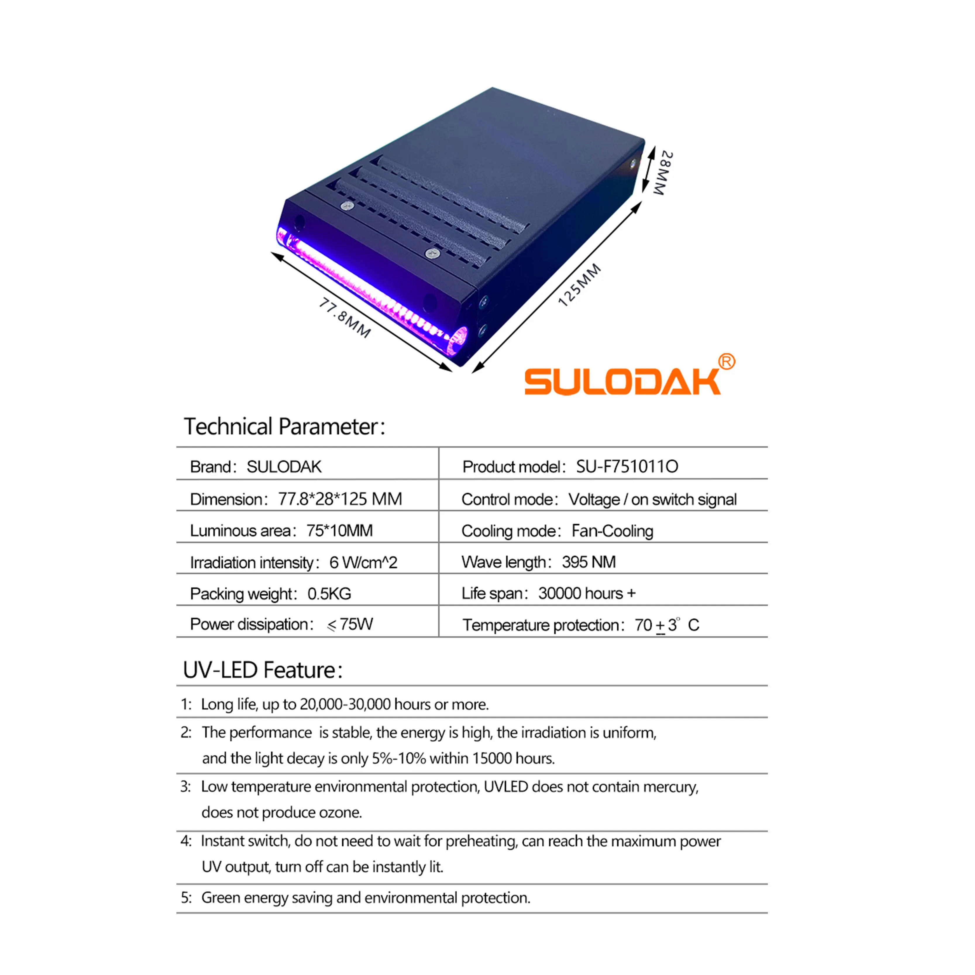 75W Air Cooled  LED Curing Lamp For Ricoh G5 G6 Inline Inkjet Printer Ink Pre Curing  Resin Circuit Board Green Oil Drying