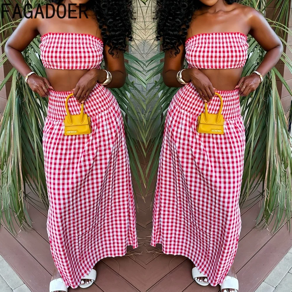 

FAGADOER Fashion Checkered Print Bodycon Two Piece Outfits Woman Sleeveless Backless Crop Top + Skirt Female Streetwear Clothing