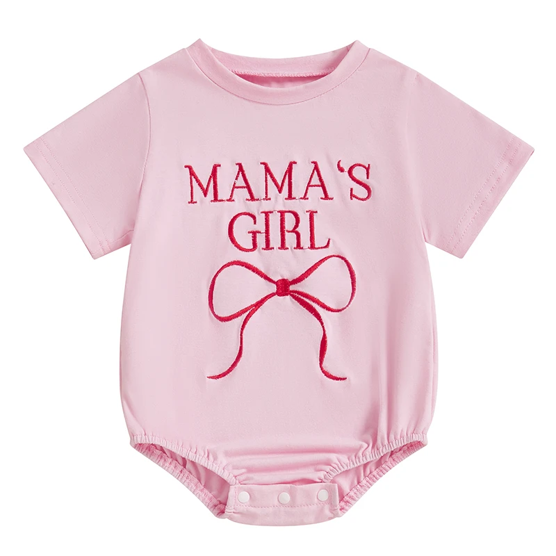 Baby Girl Summer Romper Short Sleeve Round Neck Bow Letter Embroidery Bodysuit Newborn Playsuit