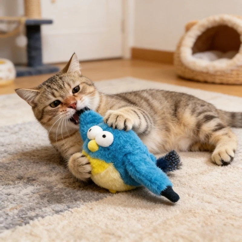 Interaktives Plüsch-Katzenspielzeug mit beweglichen Flügeln (kein Fliegen), wiederaufladbar, berührungsaktiviert, Katzenzubehör