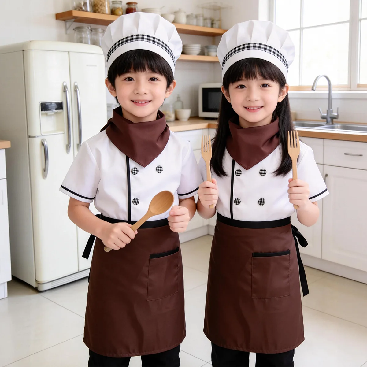 4pc Cute Kids Chef Uniform with Apron Hat Scarf Set Cooking Role Play Birthday Party Cosplay Kindergarten Dress Up Costume