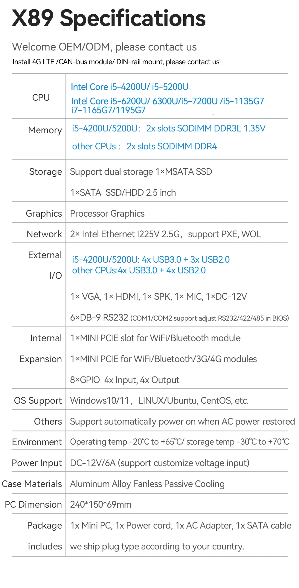 XCY X89 Industrial IPC Fanless Mini PC Intel I7-1165G7 6x COM RS232 RS485 2x Mini PCIe WiFi SIM 4G LTE CAN-Bus Windows Linux