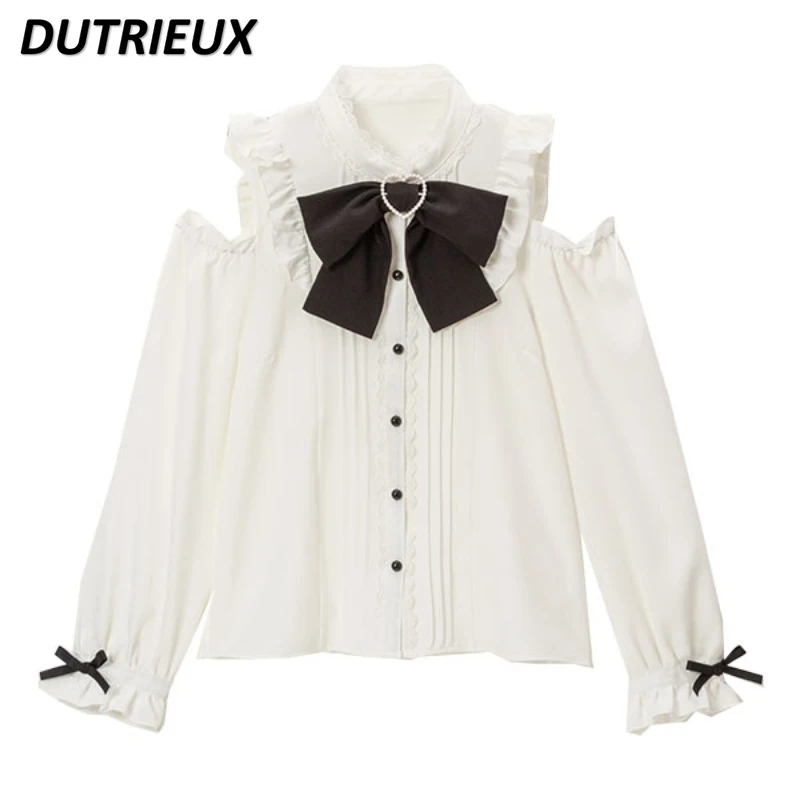 

Elegant Women Blouses Shirt Japanese Lolita Clothing 2023 New Off-the-Shoulder Long Dleeve Love Heart Shirts Top Blusa Femininas