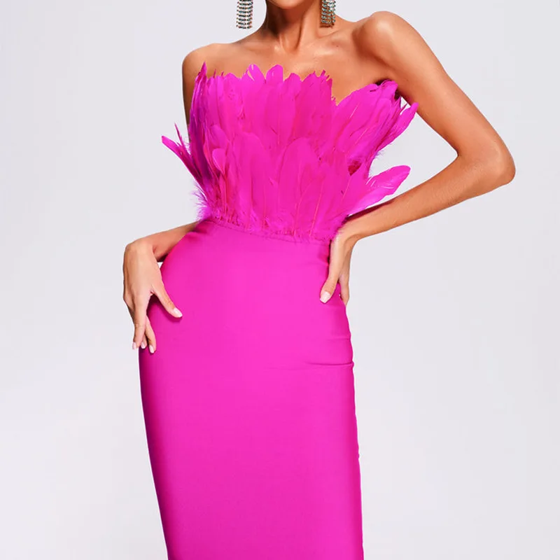 

Sexy Feathers Patchwork Bodycon Long Party Dress Strapless Sleeveless Skinny Knee Length Vestidos Club Banquet Gowns 2024 Summer