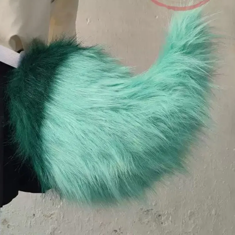 Teal Mint Green Gradient Faux Fur Fox Tail, Posable Fluffy Animal Tail, Long Furry Wolf Tail, Halloween Party Costume  Cosplay