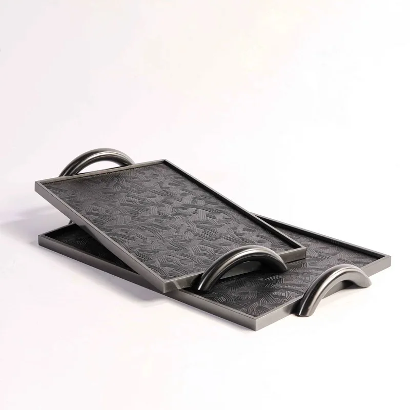 Modern simple metal leather binaural handle rectangular tray creative decorative ornament desktop model room