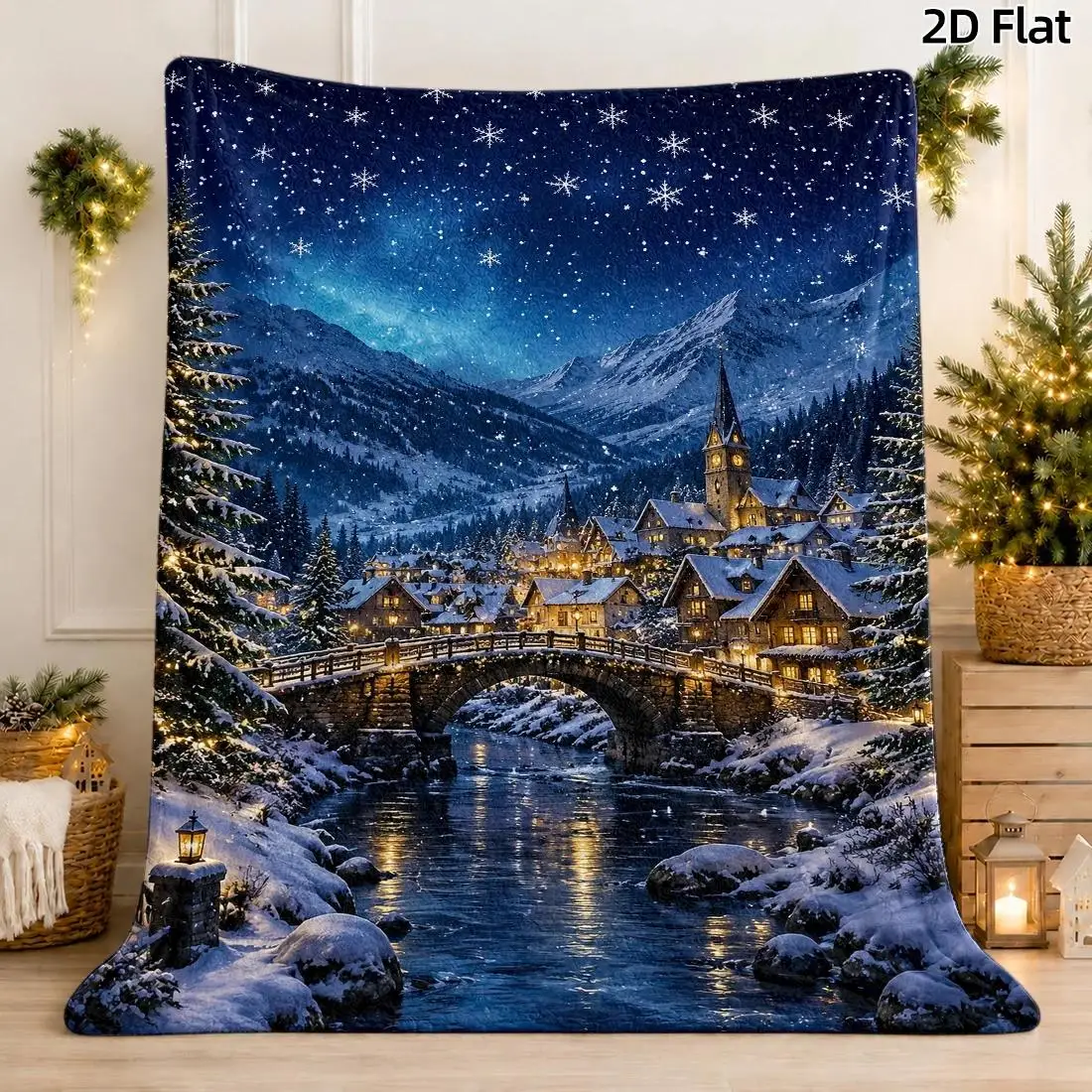 1pc 2D Flat Throw Blanket, Snowy Mountain Village Pattern, Oil Painting Winter Town, Dark Blue Night Sky Glowing Lantern Blanket