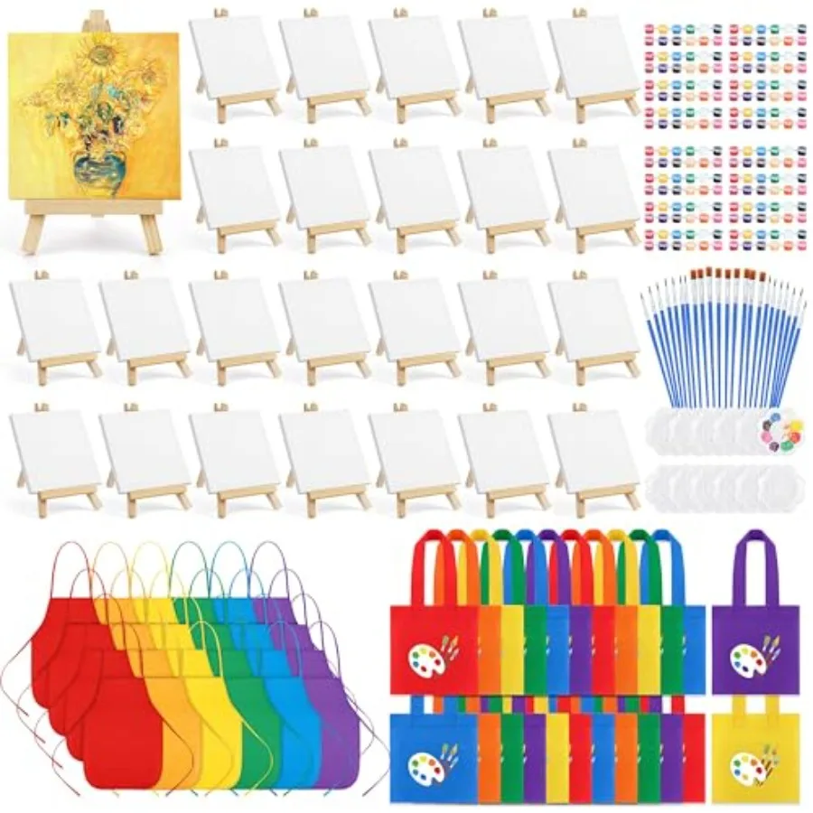 

Набор из 4 мини-холстов 4x4 дюйма для рисования с мольбертами, фартуками, холщовыми сумками, кистями, палитрами, маленькими художественными холстами на подрамнике