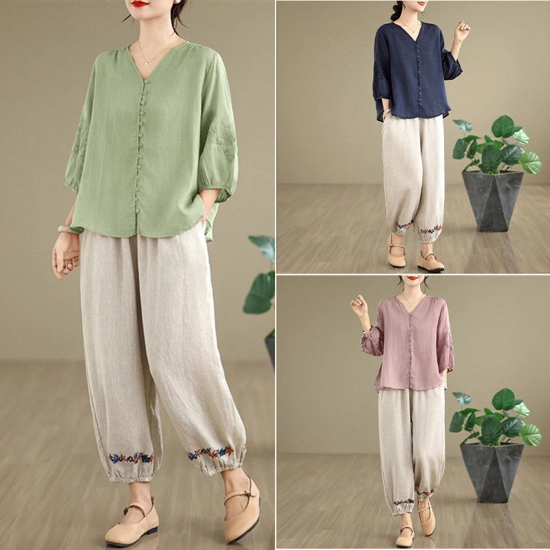 

Женский комплект из двух предметов больших размеров: повседневная рубашка из хлопка и льна, стройнящая, омолаживающая, скрывающая недостатки фигуры, весна-лето, новый стиль, для работы и отдыха.