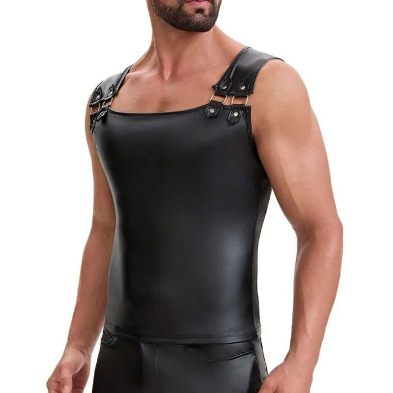 Men's Matte Soft Leather Tank Tops Metal Buckle Shoulder Strap Sexy Sleeveless Vest Nightclub Faux Leather Hollow Out T-shirts