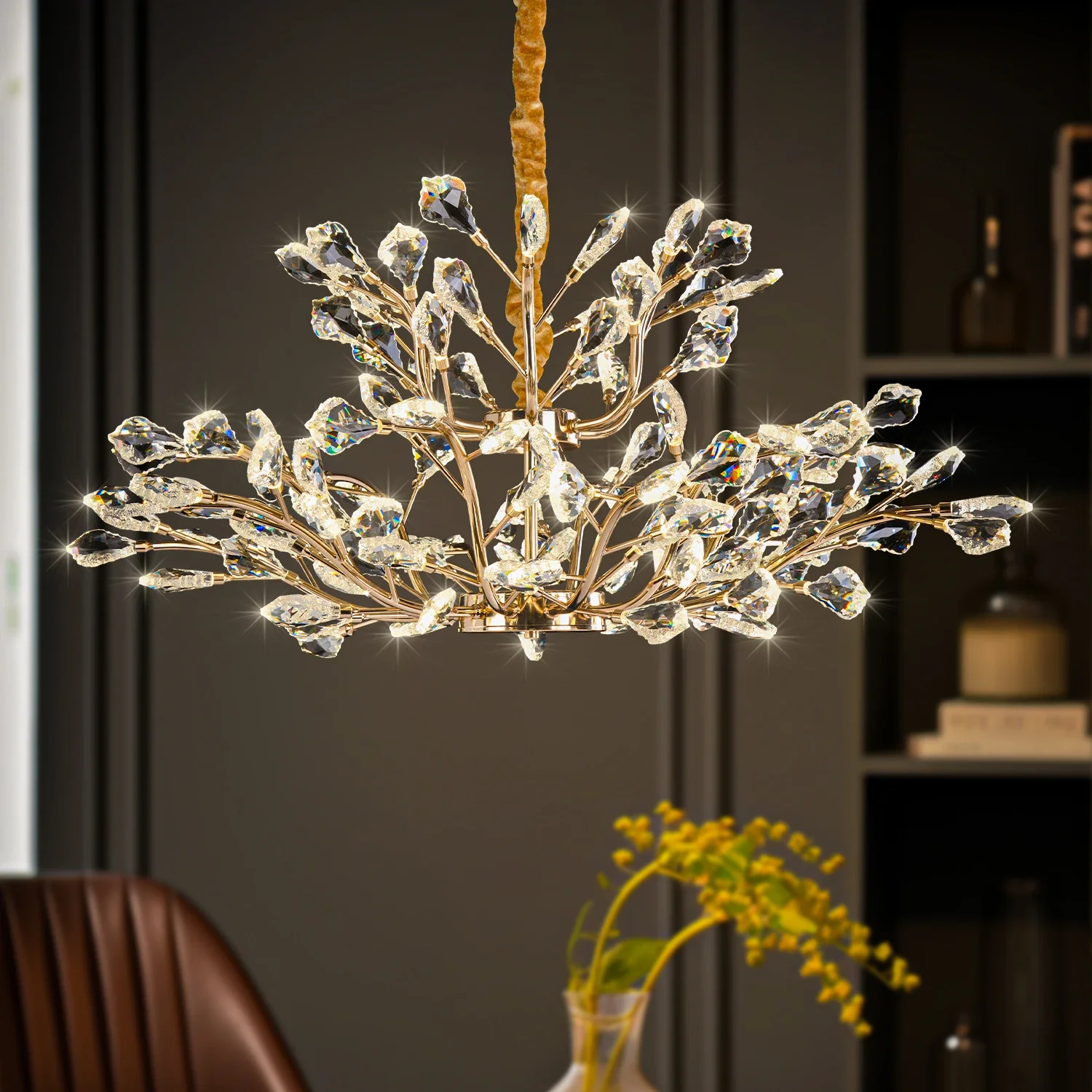 

Modern Branch Leaf Crystal Pendant Chandelier for Bedroom Living Room Vintage luxury Ceiling Hanging Pendant Light Dining Table