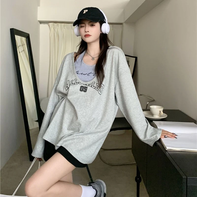 Y2K Two Pieces Set Oversized T-Shirts Women Spring Long Sleeve Halter Letter Print Sweatshirt Female Casual Loose Harajuku Tops