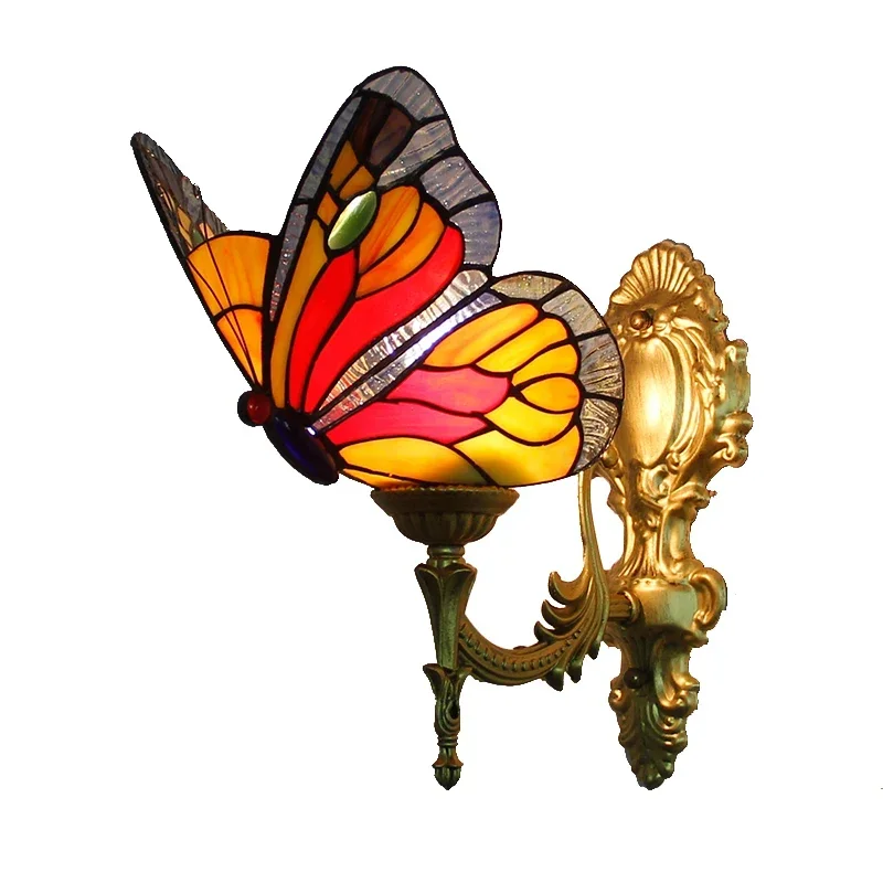 

v Baroque Vintage Turkish Wall Lamp Bedroom Aisle Corridor Bathroom Stained Glass Lampshade Butterfly Wall Bracket Light