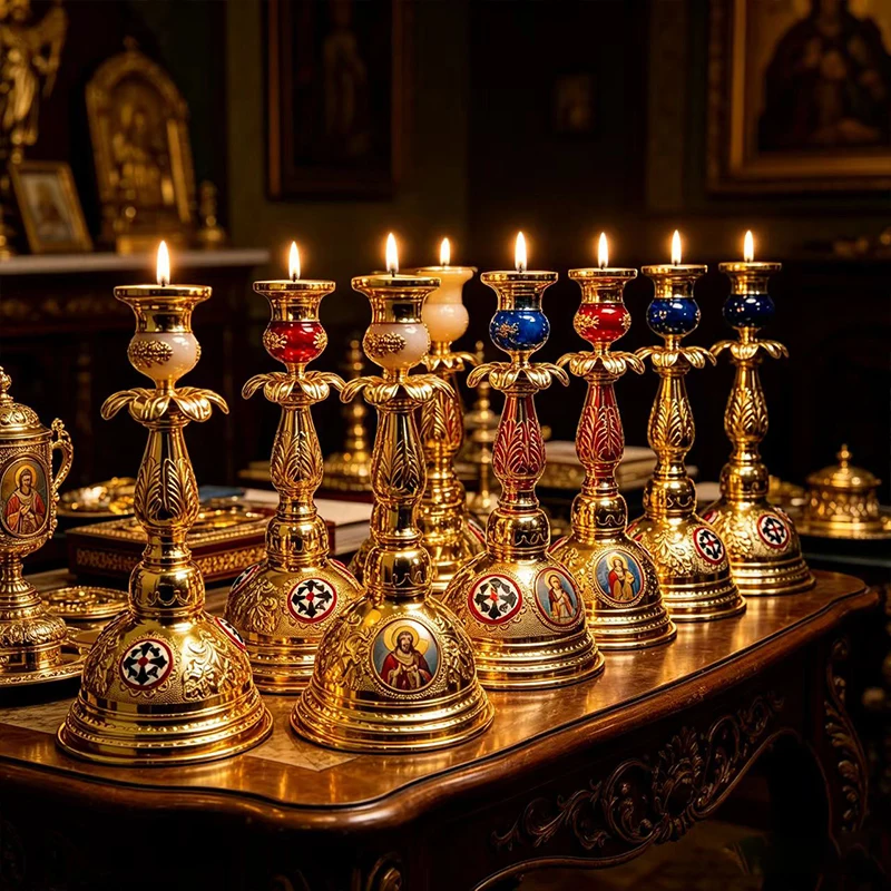 

Ornate Gold Orthodox Vigil Lamp Lampada Standing Candle Holder with Jesus Icon for Home Altar Church Decor Religious Christian