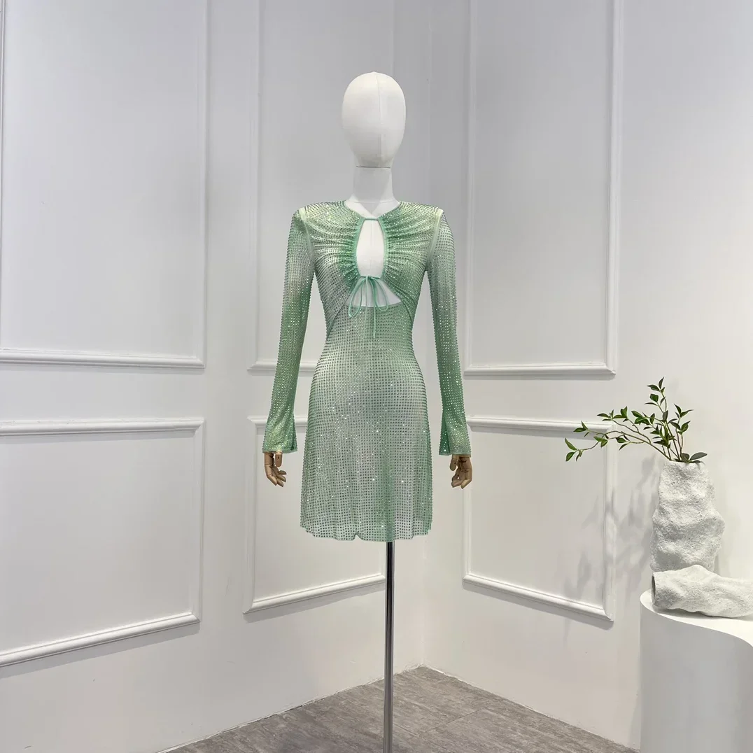 New Arrivals High Quality Spring Summer 2023 Sexy Luxury Light Green Cut Out Waist Long Sleeve  Lace-up Woman Mini Dress