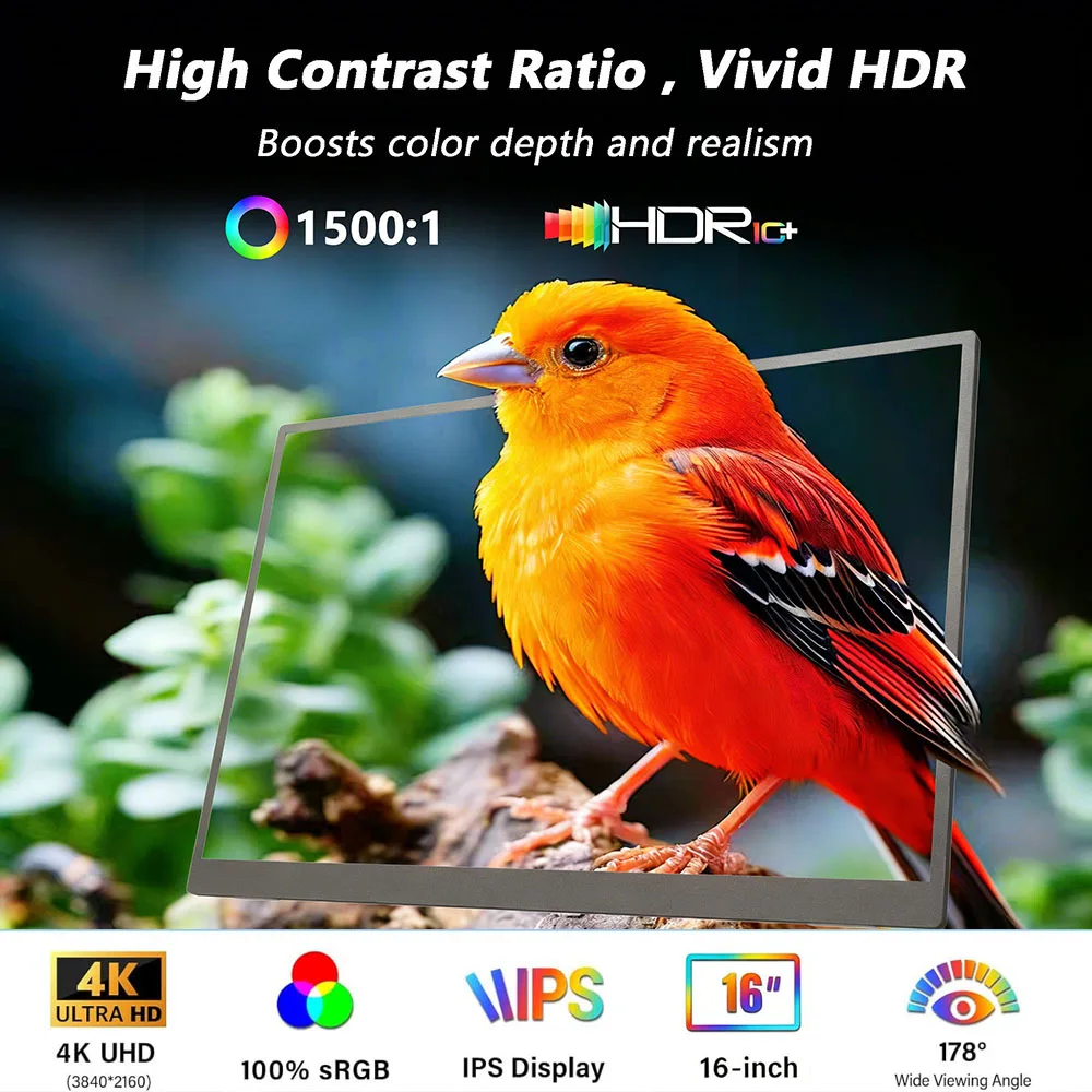 16 Inch Ultra HD Portable 4K Monitor 3840×2400 16:10, Drone Extended Display Sub Screen For Laptop Phone