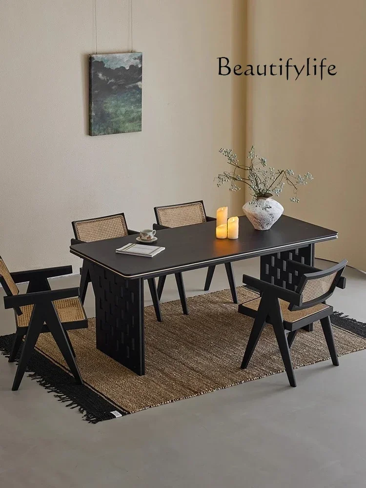 

J X Black Solid Wood Rectangular Dining Table Medieval Living Room Ash Wood Large Board Table Household Writing Desk Desk