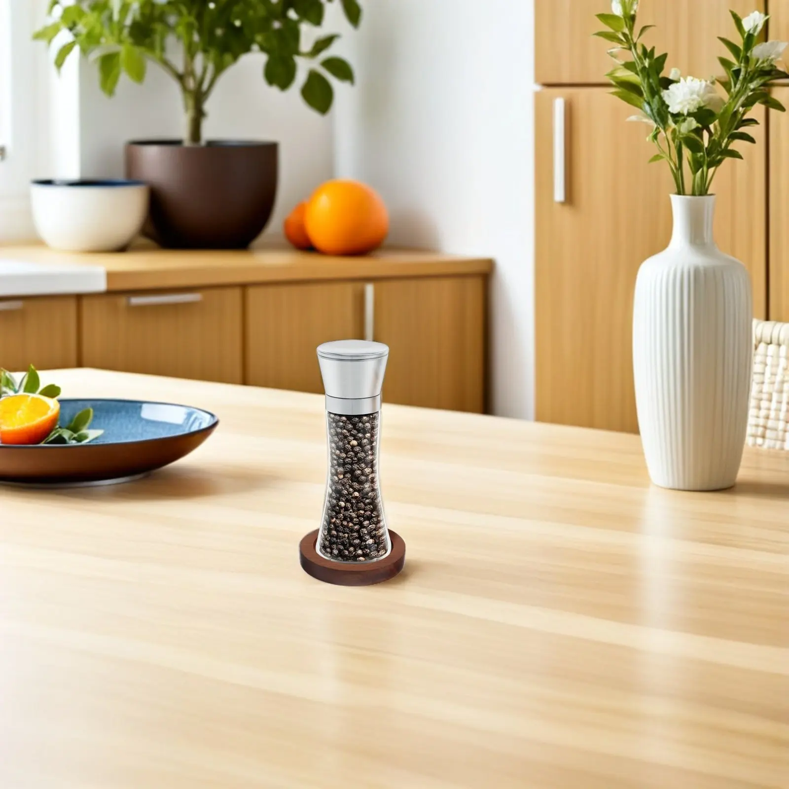 Acacia Wood Pepper Grinder Tray Salt and Pepper Mill Round Base Manual Grinder Stand Spice Jar Organizer Condiment Tray