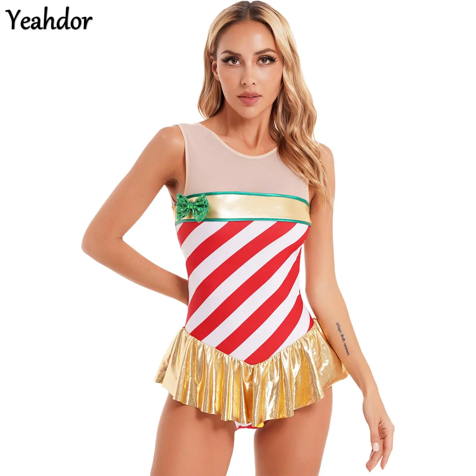 

Women Christmas Dance Dress Sequin Mesh Santa Claus Costume Stripe Candy Cane Dance Dress Sleeveless Ruffle Ballet Leotard Dres