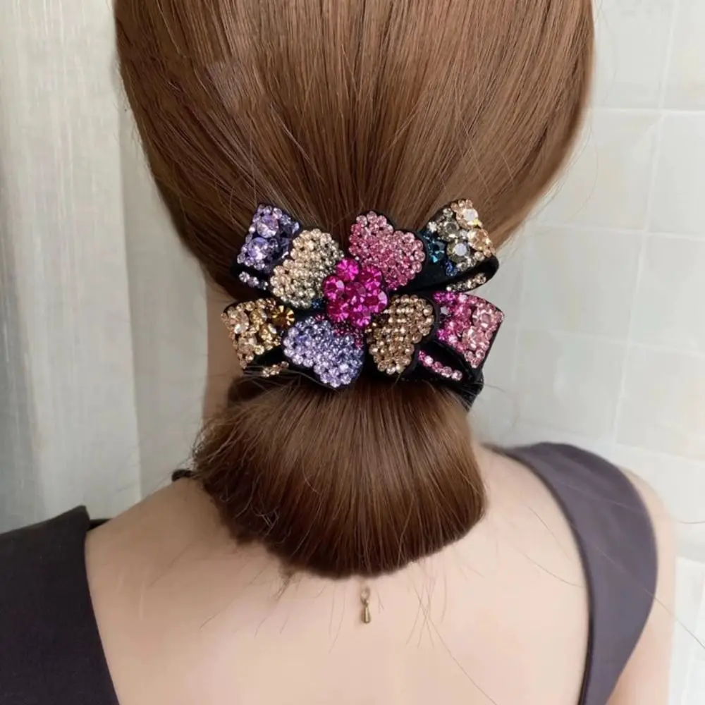 

Zircon Rhinestone Flower Hair Clip U-shape Bowknot Flower Crystal Hairpins Ponytail Clip Korean Style Women Duckbill Clip