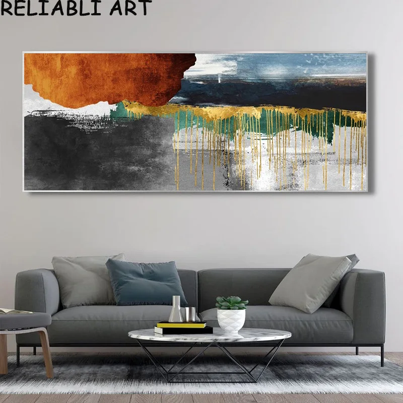 Abstract Color Block Golden Line Canvas Painting Nordic Style Poster and Prints Wall Art Pictures for Living Room Decor No Frame