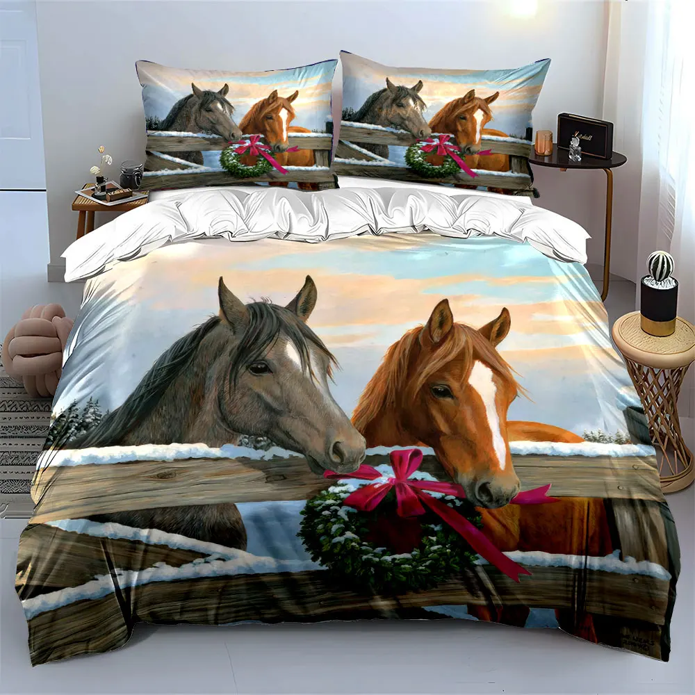 Horses by a Snowy Fence with a Christmas Wreath Print Duvet Cover Bedding Set Included 1*Duvet Cover 2*Pillowcases