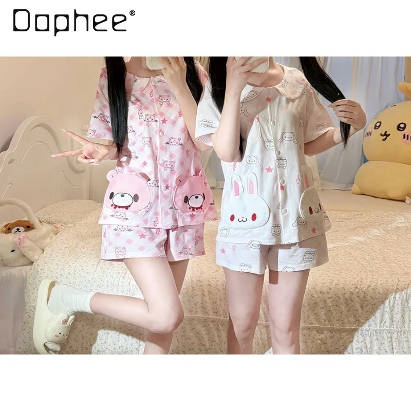 Original Sweet Cute binary star Cartoon Printed Kawaii Set Pajamas Lapel Short Sleeve Top Shorts Two-piece Set Women Loungewear
