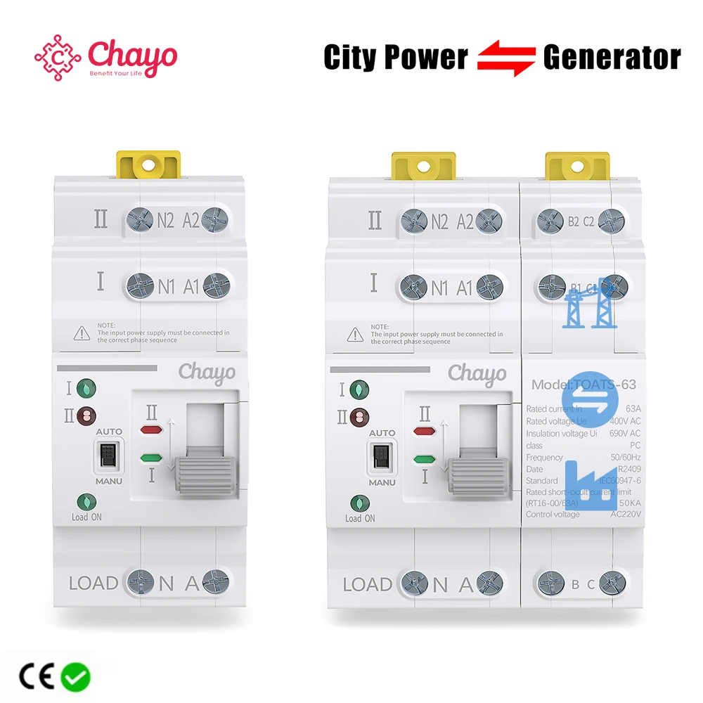 chayo Din Rail 2P 4P ATS Dual Power Automatic Transfer Switch Electrical Selector Switches Uninterrupted Power 110V 220V 63A