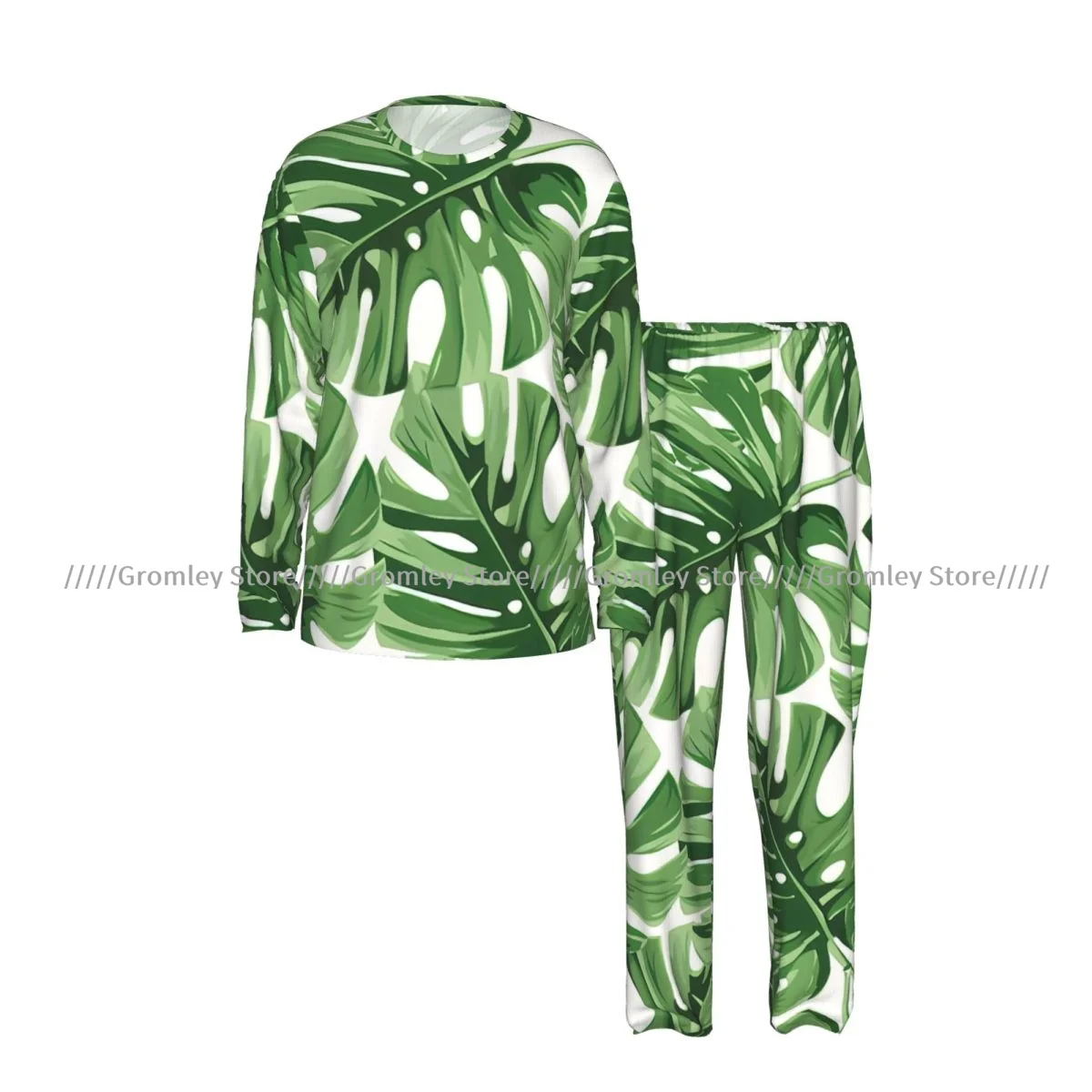 Tropical Palm Leaves Jungle Leaves Floral Men's Pajama Set Long Sleeve T Shirt Long Pants Sleepwear Male Nightwear Home Suit
