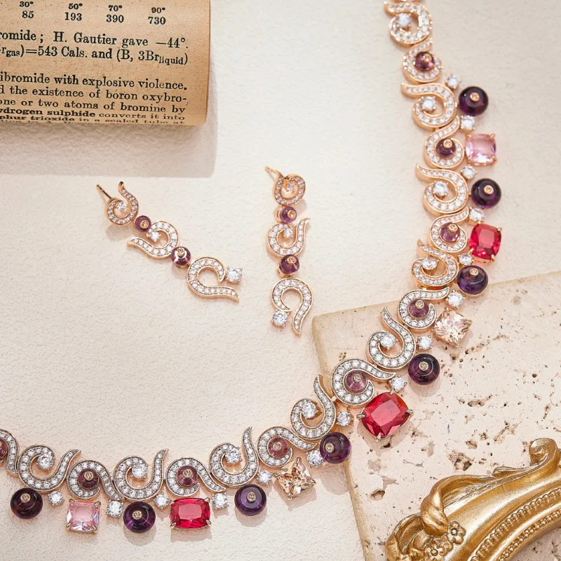 Designer Colorful Gemstone Tassel Jewelry Set Luxury Cubic Zircon Inlaid Necklace & Earrings Elegant Ladies Wedding Banquet Acce