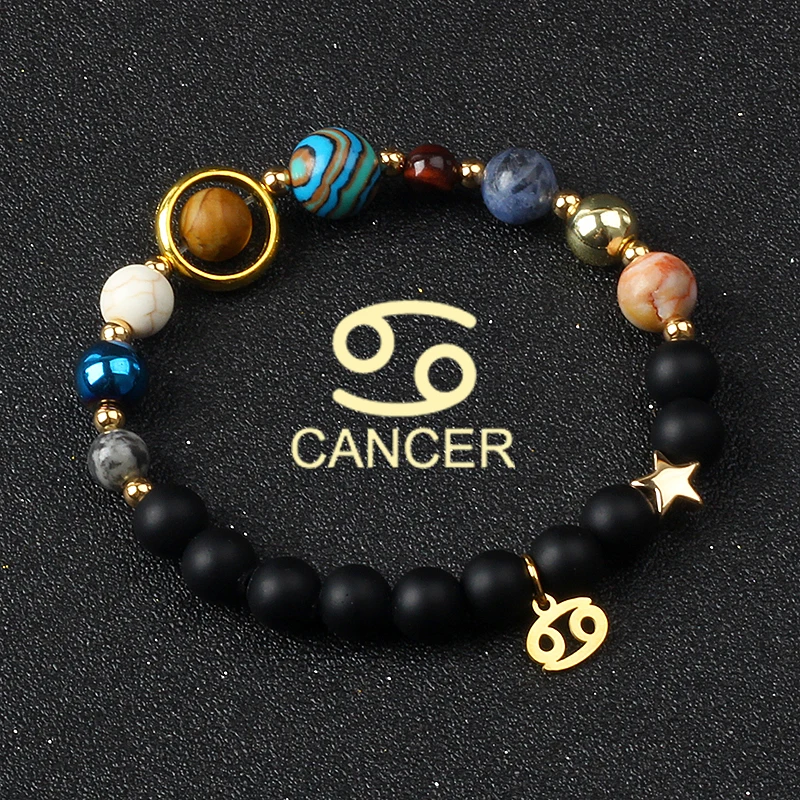 Universe Galaxy Eight Planets 12 Constellation Bracelets for Women Natural Stone Solar System Bracelets Libra Virgo Leo Jewelry