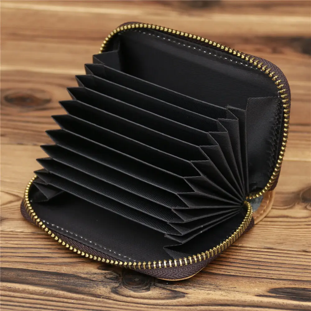 Retro VIP ID Bank Credit Card Holder Zipper Organ Wallet Slim Small Cards Cases Crazy Horse Genuine Leather Mens Card Bag