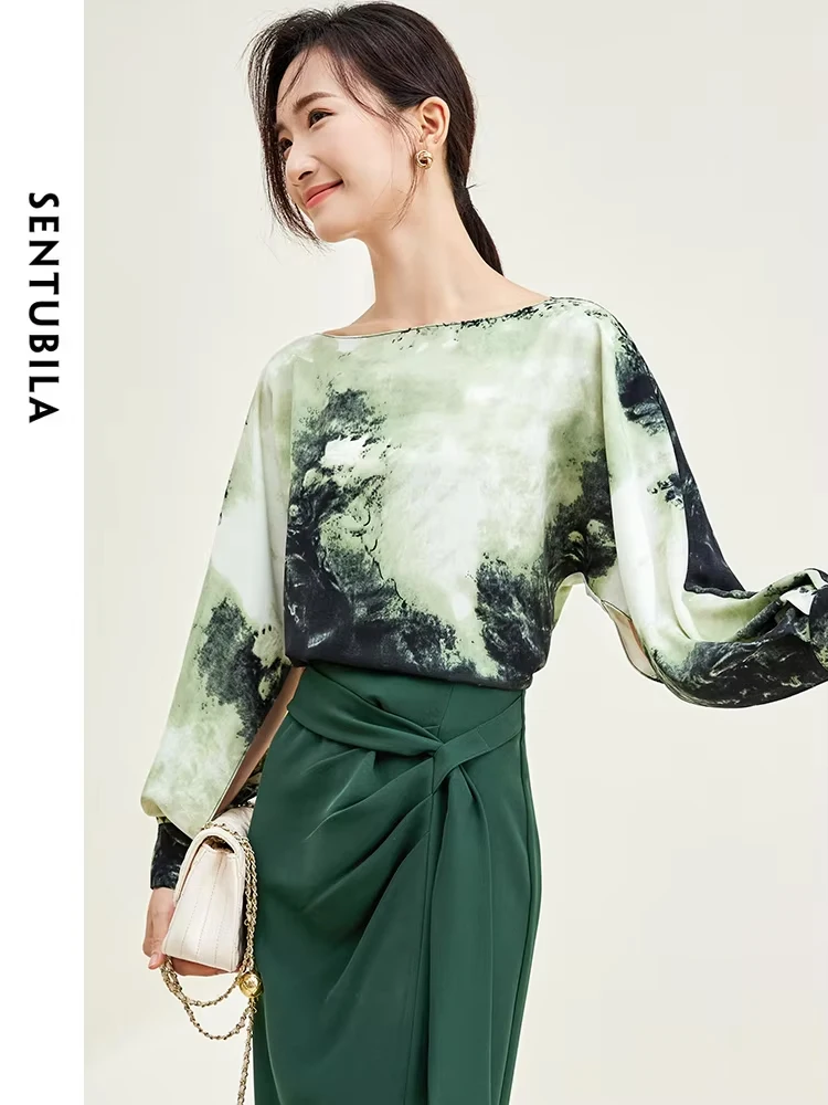 SENTUBILA Lantern Long Sleeve Chiffon Blouses Women Autumn Fashion Loose Chinese Brush Painting Pullover Female Shirt 133V50954