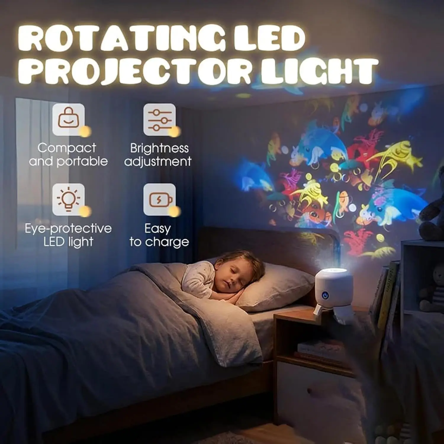 Dynamic Rotating LED Projector Light, 360° Rotating Ocean Night Light USB Dimmable Kids Projector for Bedroom Relaxation