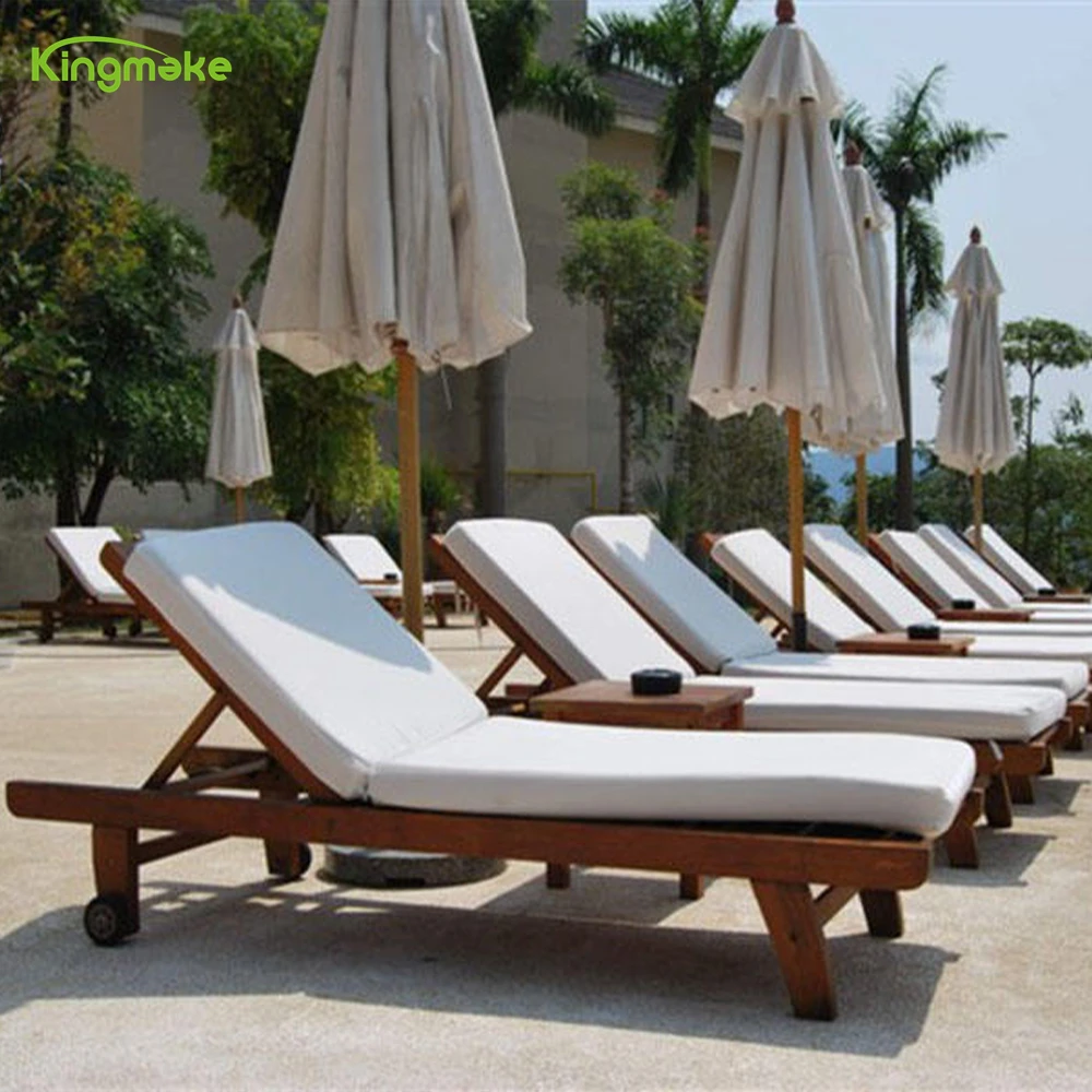 High Quality Solid Wood Sun Loungers with Wheels, Removable, Hotel Garden Swimming Pool Teak Sun Bed Outdoor Beach Lounge Chair