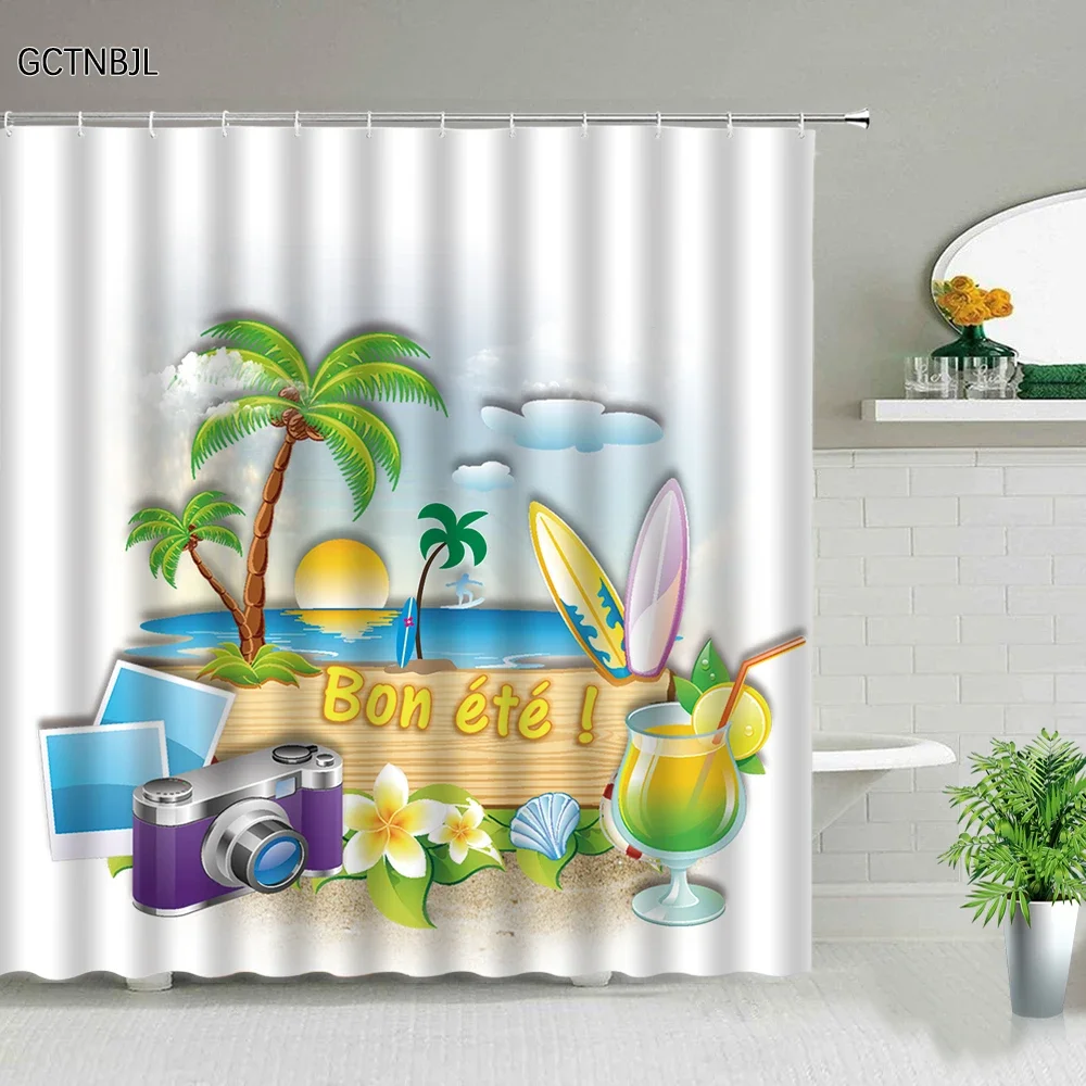 Cartoon Summer Travel Shower Curtain Camper Skateboard Ocean Coconut Landscape Polyester Fabric Home Decor Hook Bathroom curtain