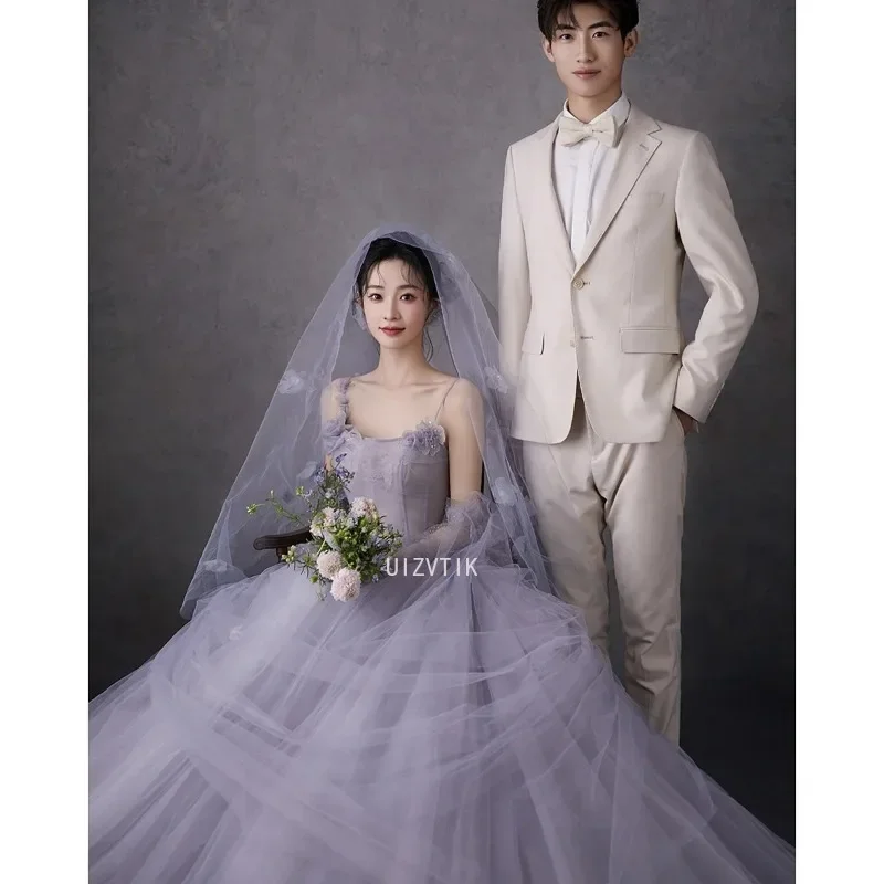 Puple Einfache Korea Lange Brautkleider Frauen Sexy Spaghetti-trägern Applique Fotos Schießen Brautkleid Elegantes A-Linie Prom Kleid