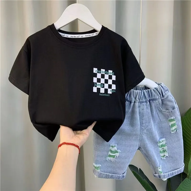 Vestiti estivi per neonati Nuovi vestiti per bambini Manica corta Girocollo Pullover Top e pantaloncini di jeans Sport Due pezzi 1-9T Set