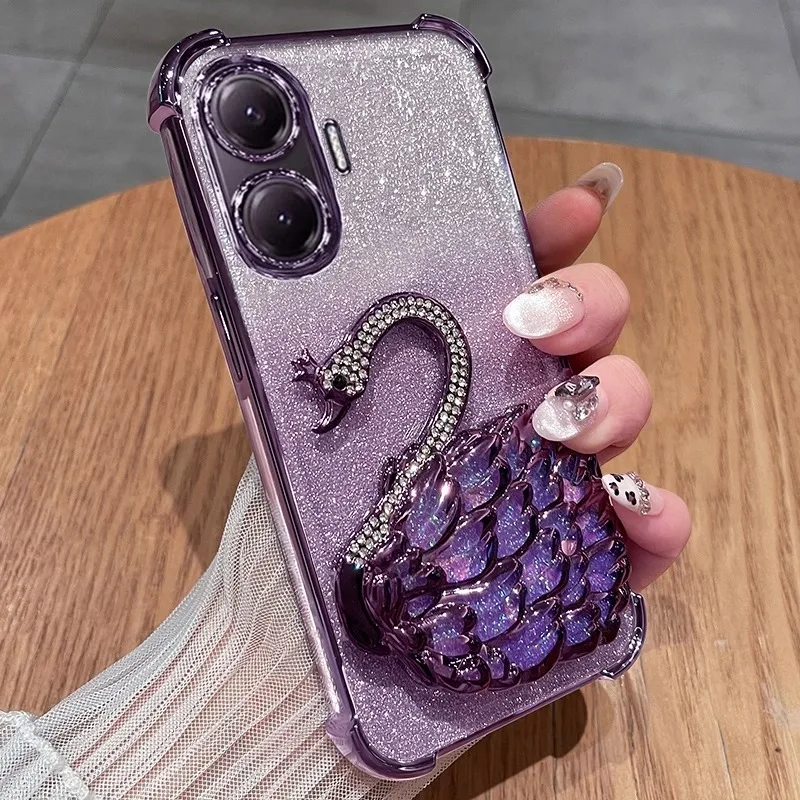 

Funda For Xiaomi Poco X7 Pro Case Swan Glitter Holder Plating Airbag Soft Silicone Camera Lens Protection Shockproof Back Cover