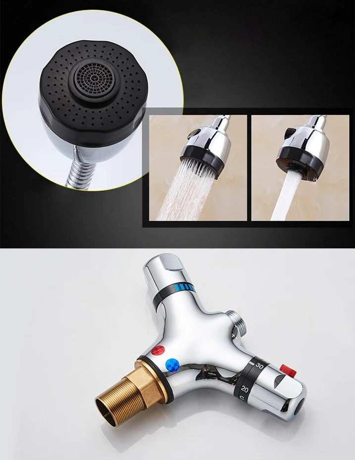 Solid Brass Chrome Finish Kitchen Mixer Tap Thermostatic Faucet for Cold And Hot Water Constant Temperature Basin Faucet