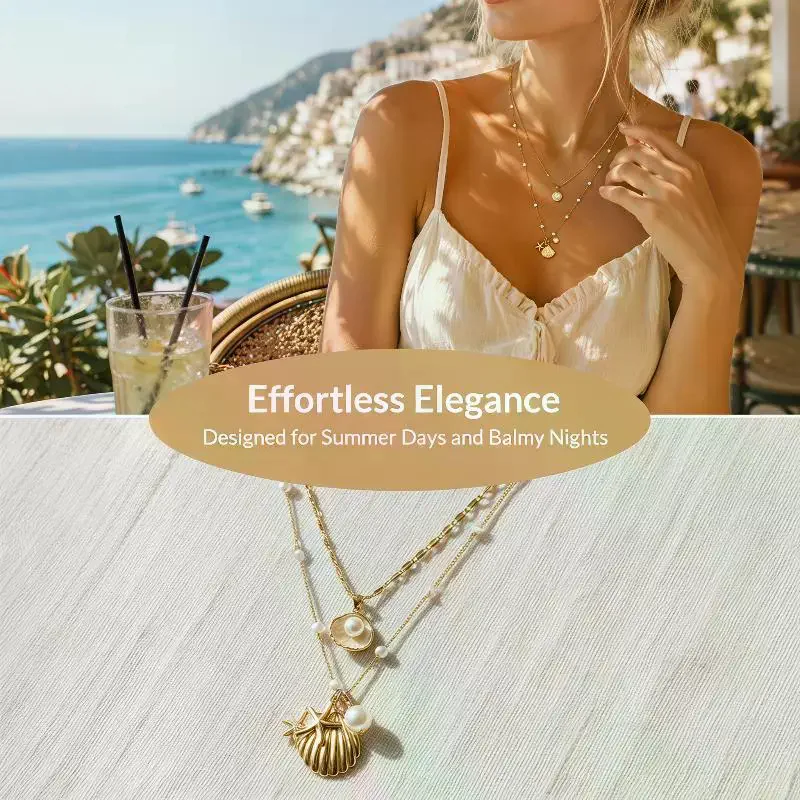 2pcs/Set Fashion Boho Gold Color Marine Shell Starfish Pendant Pearl Chain