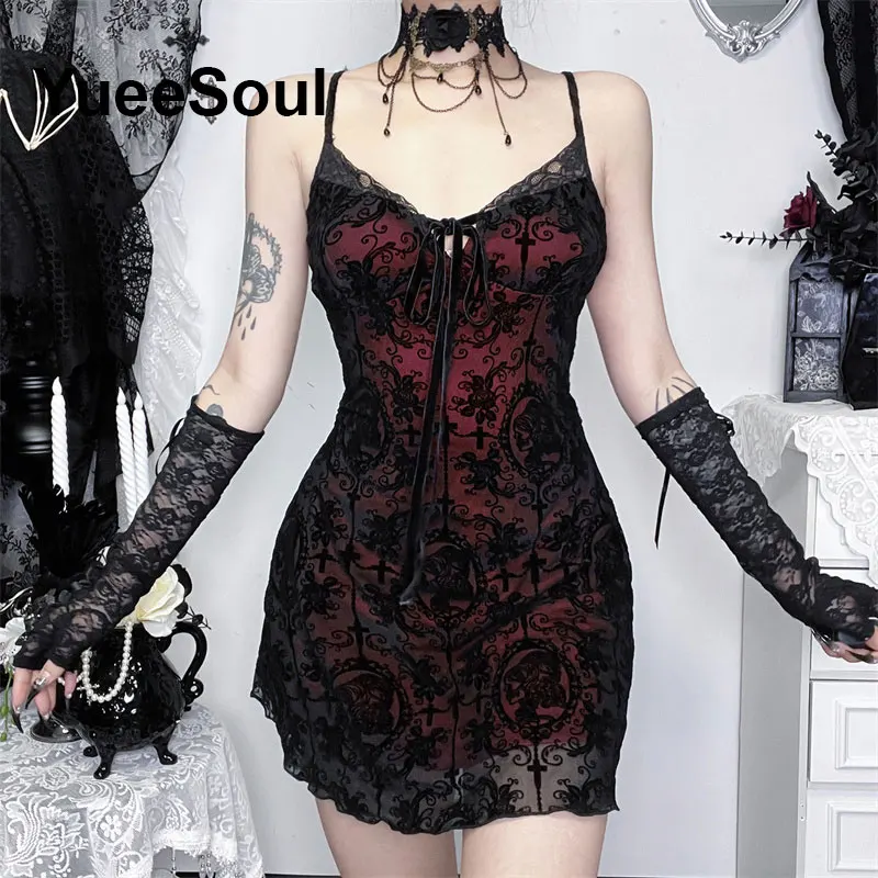 Grunge Gothic Women Dress Lace Trim High Waist Bodycon Mini Dress 2026 New E-girl Vintage Punk Harajuku Lolita Party Clothes