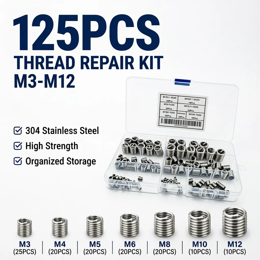 125PCS Helicoil Thread Repair Kit M3-M12 304 Stainless Steel Wire Thread Inserts for Automotive