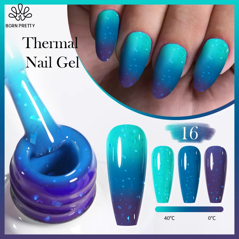 

BORN PRETTY 10ml Sequins Thermal Gel Nail Polish 3 Layers Blue Glitter Snowflake Temperature Color Changing Nails Gel Varnis