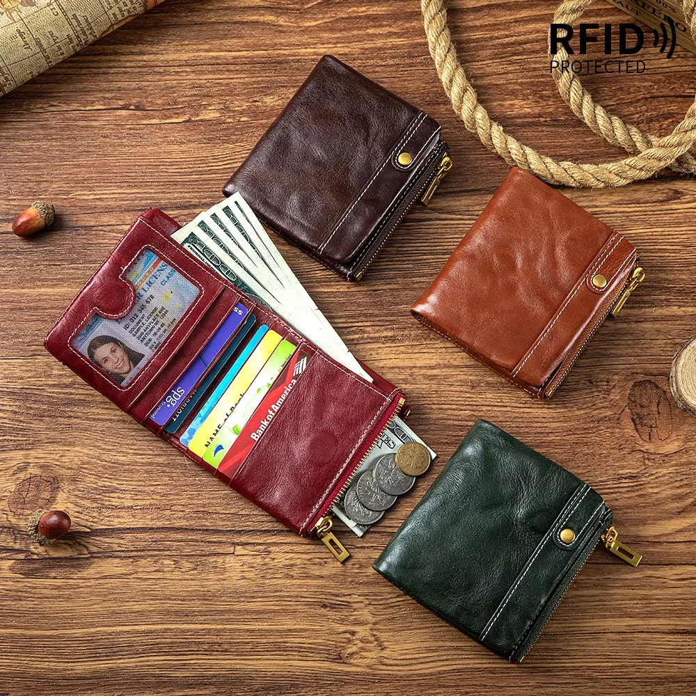 Genuine Leather Wallets Women Men Wallet Short Small RFID Blocking Card Holder Ladies Wallets with Zipper Coin Pocket