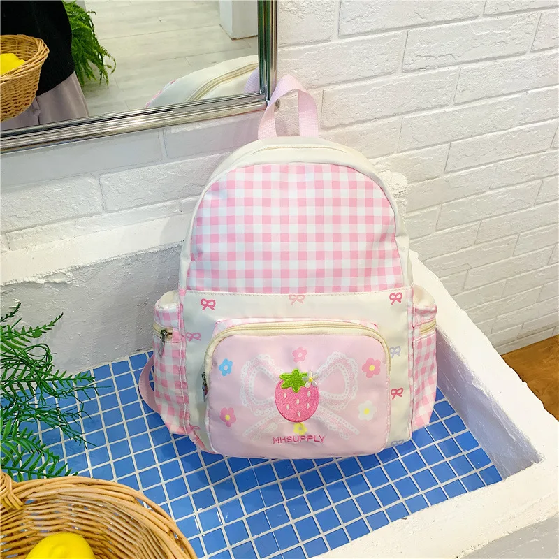 Lightweight nylon checkered girl's cute schoolbag, cute strawberry embroidery Kawaii commuting waterproof backpack