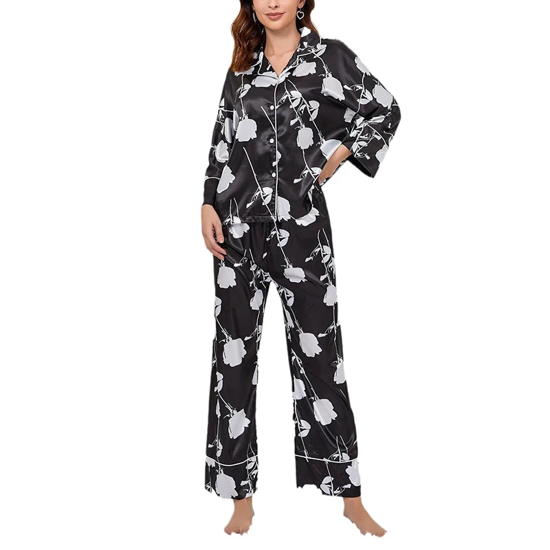 Silk Satin Floral Print Pajamas For Women\'s Autumn Lapel Nightwear Long Sleeve Cardigan Trousers Sets Home wear Suit Sleepwear