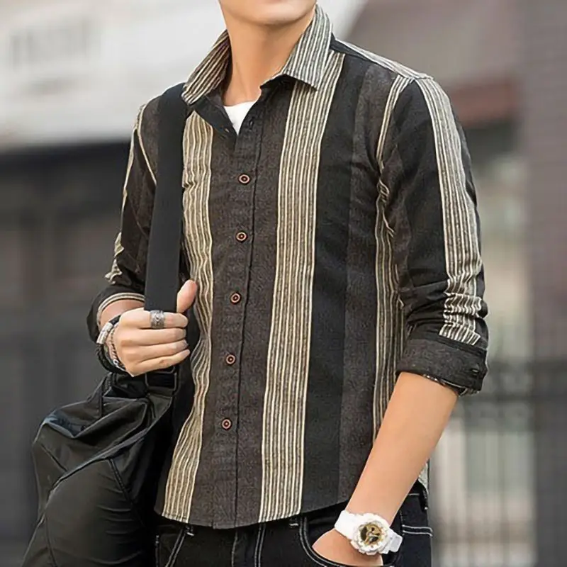 

Spring Autumn New Striped Shirt Man Turn-down Collar Long Sleeve Single Breasted Cardigan High Street Contrast Color Top JJ1463