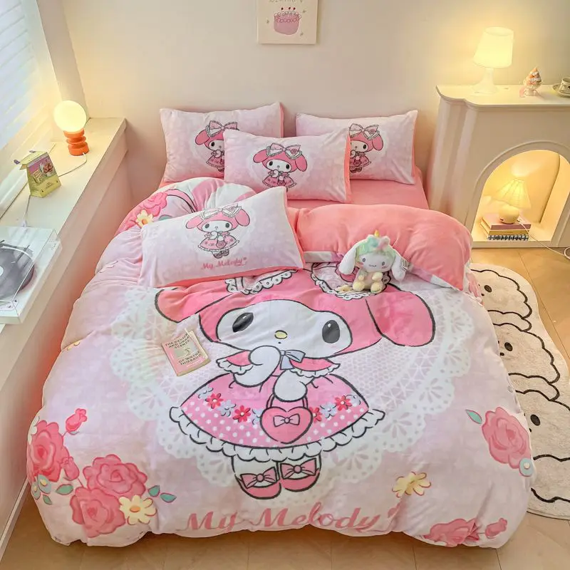 Sanrio Winter Thickened and Warm Cartoon Children's Kuromi My Melody Strawberry Bear Milk Velvet Four-piece Holiday Gift Set